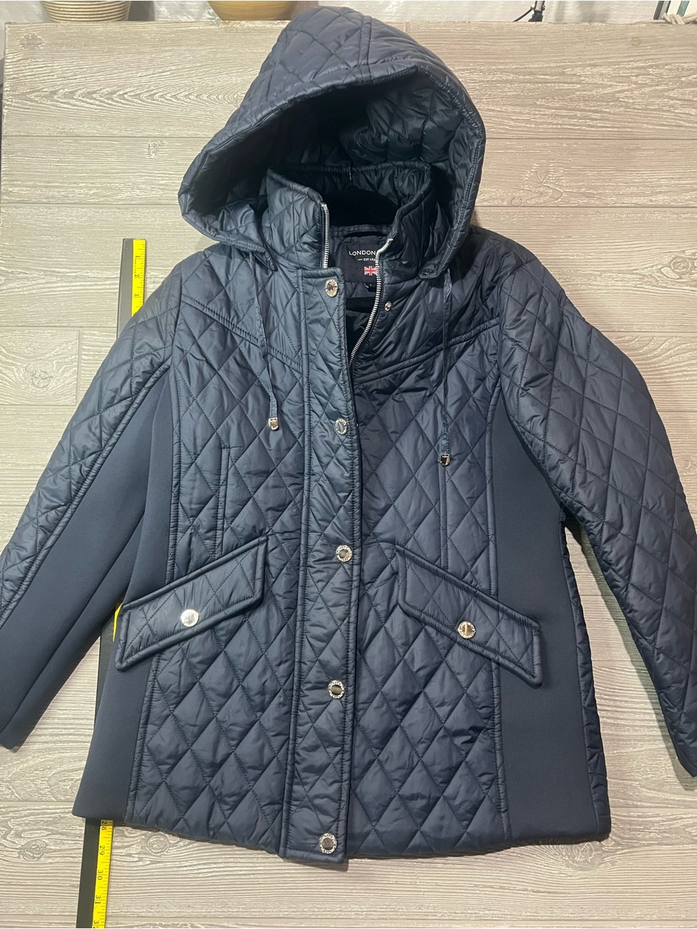 London Fog Quilted Hooded Coat - Navy Blue